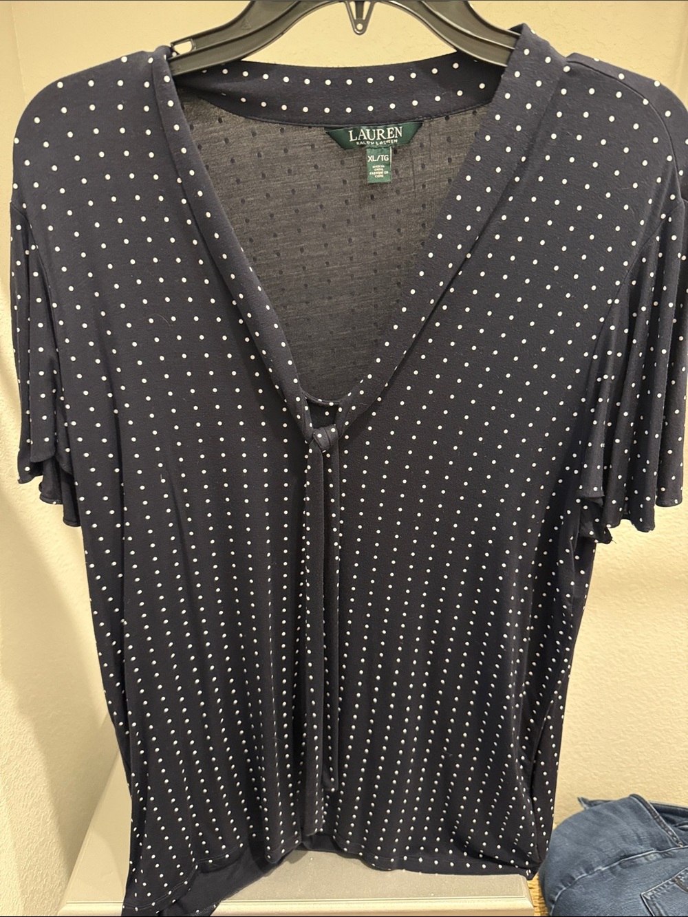 Lauren Ralph Lauren Navy and White Polka Dot Tie-Front Short Sleeve Tee
